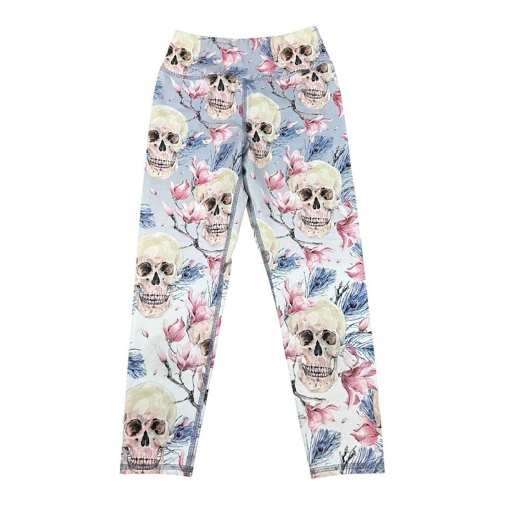 Evolution and Creation Floral Skull Leggings! EVCR, Blue, Size Medium, EUC!